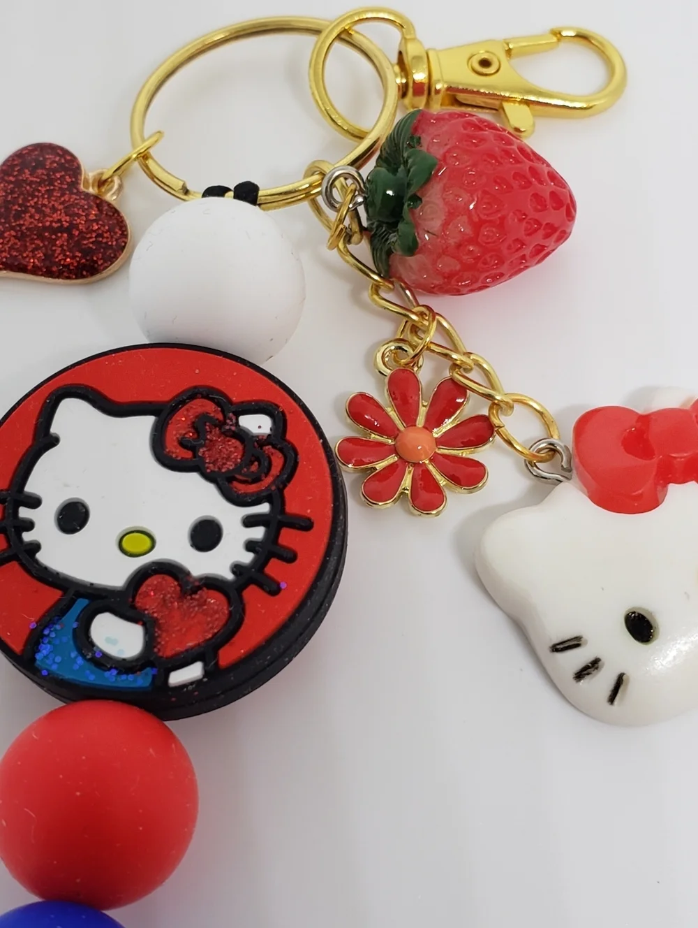 Handmade Glitter Kawaii Blue Red White Strawberry Flower Hello Kitty Keychain